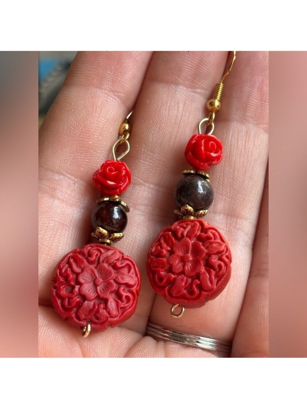 ARTISAN NWT Hand Crafted Carved Red Cinnabar Garnet Dangle Earrings 925 Hooks🌹